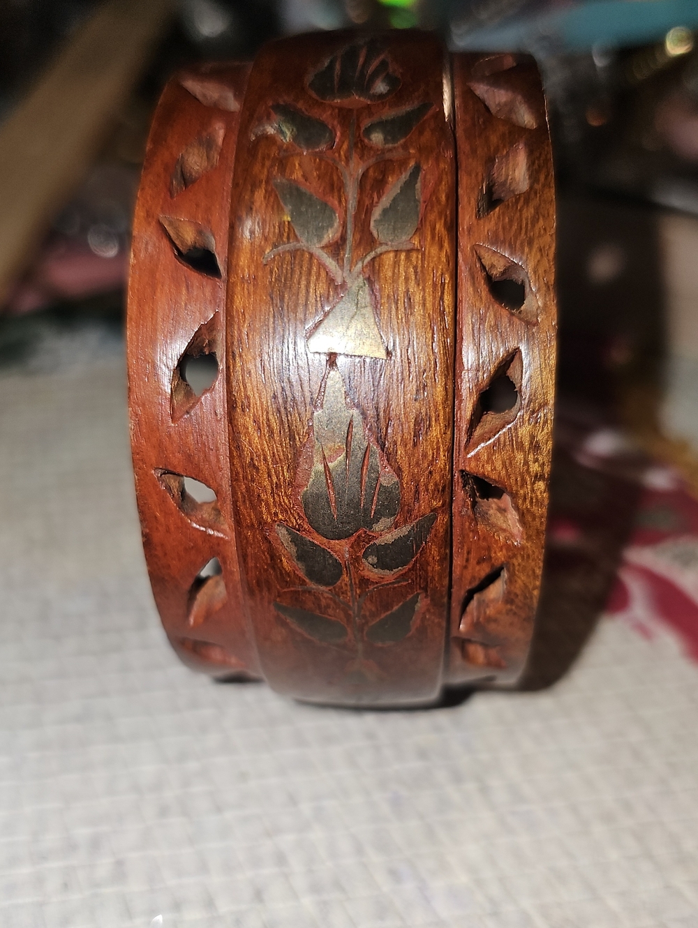 Hand-Carved Brown Wooden Bangle Bracelet - Floral Inlay